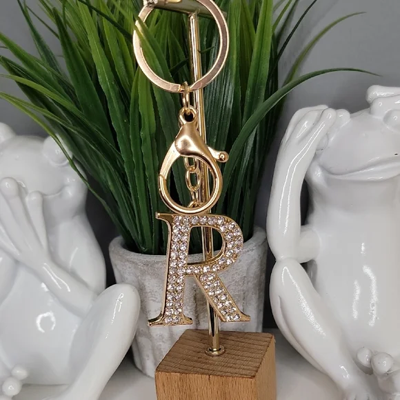Letter R Initial R Alphabet R Rhinestone Gold Key Chain Bag Charm - Picture 4 of 7